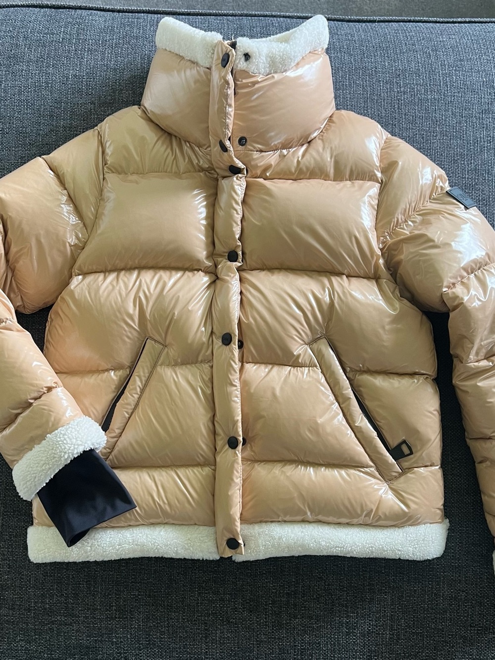 SAM. Shiny Beige Sherpa-Trim Puffer Jacket